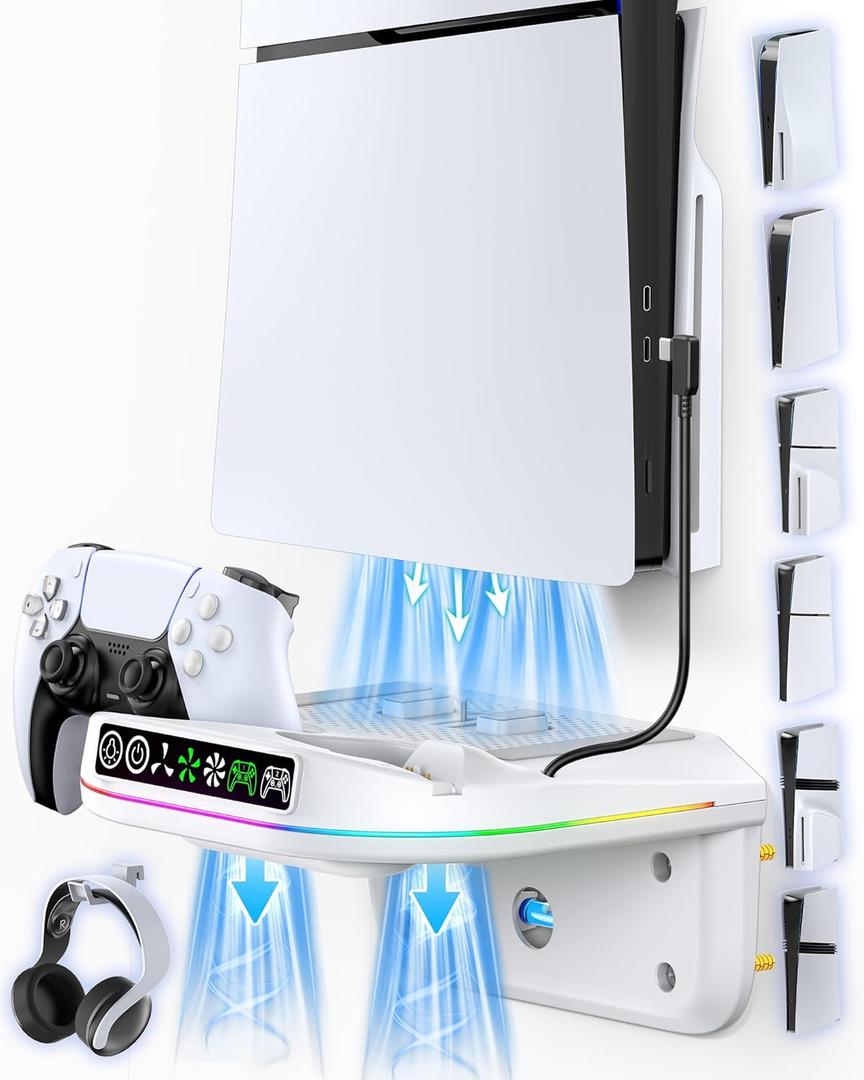 PS5 Wall Mount Kit with Cooling Fan and Charging Station Compatible with PS5/ Slim/Pro Disc and Digital, PS Five Floating Shelf with 9 RGB Lights, PS 5 Mount Behind TV, PS 5 Accessories for Gaming
