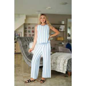 ZESICA Two Piece Outfits Crop Tank Tops and Wide Leg Pants Striped Set, Size: Large