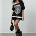 Women's 2 in 1 Cold Shoulder Graphic Tees Short Sleeve Goth Y2K T Shirt Fake Two Piece Tops (Black, S)