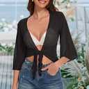 Women's Short Cardigan Bolero Shrug Sheer Tie Front Top 3/4 Sleeve Jacket for Dress 2026 (Black, S)