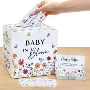 Baby in Bloom Baby Shower Decorations Diaper Raffle Box with 50 Tickets, Girls Wildflower Diaper Raffle Card Box Games Kit