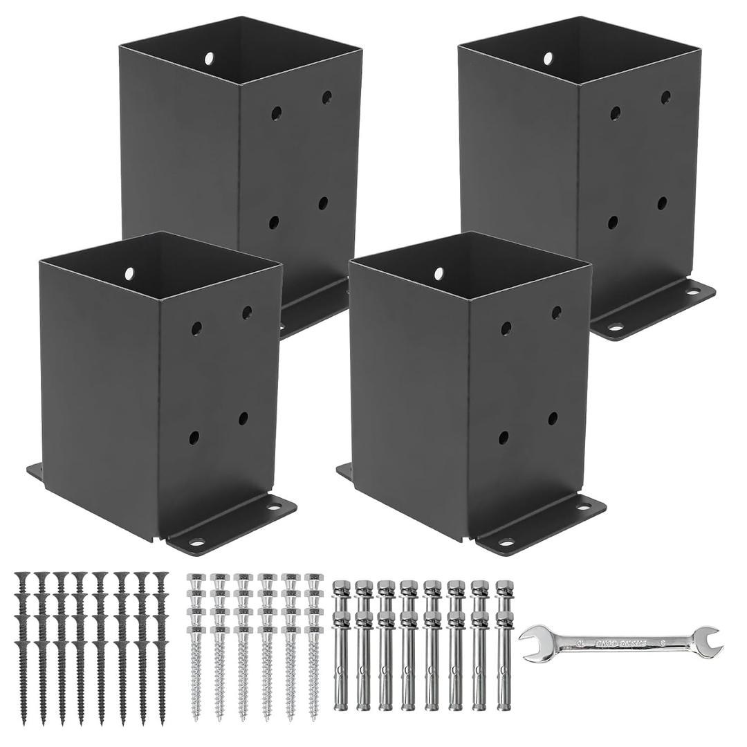 4×4 Post Base 4 Pcs, (Inner Size 3.6"x3.6") Post Brackets, Heavy Duty Black Metal Powder-Coated Thick Steel Post Anchor Outdoor for Support Deck Base Plate Pergola Brackets Fence Kit