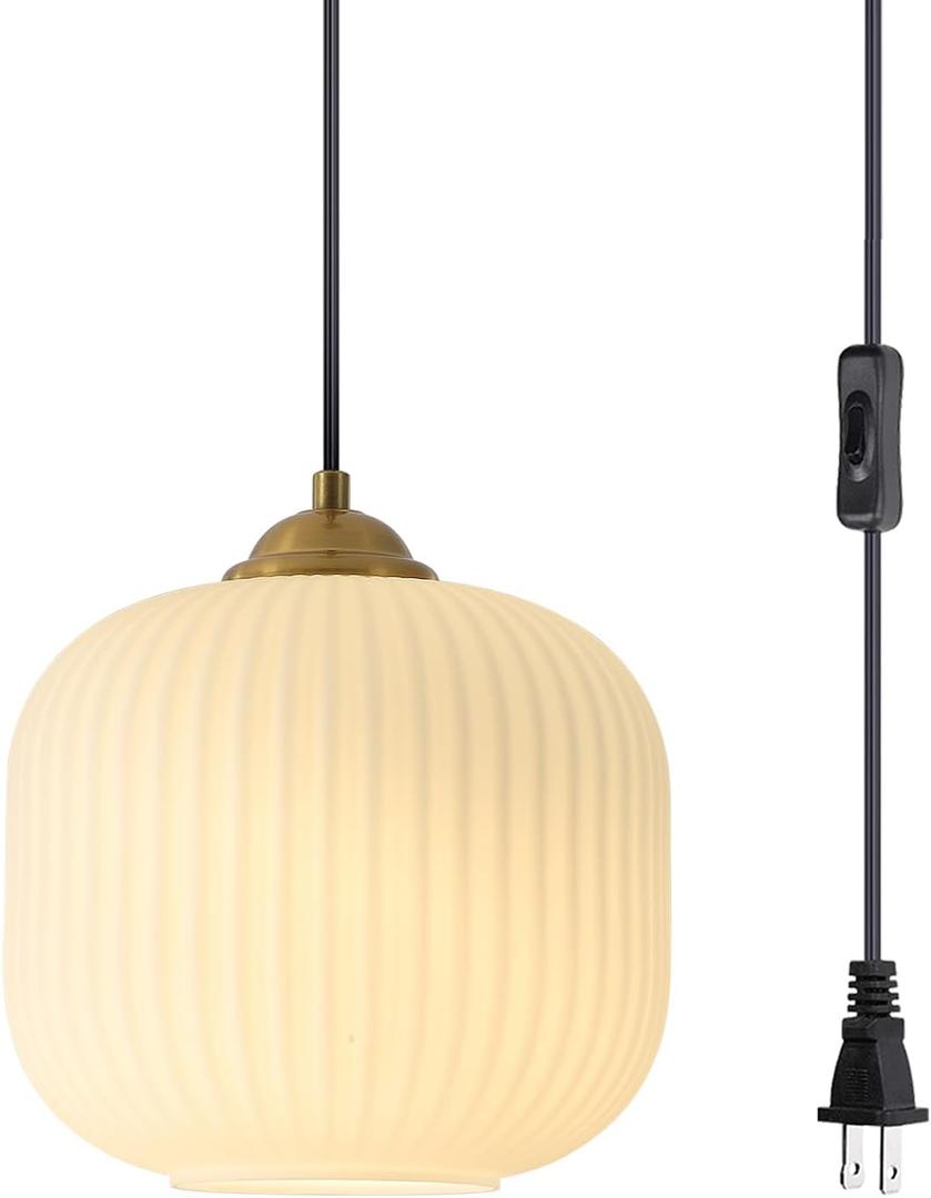 KCO Lighting Plug in Modern Globe Pendant Light Vintage Milk Glass Hanging Light Antique Brass Pendant Lights Kitchen Island Striped Glass Ceiling Light Mid Century Gold Hanging Lamp
