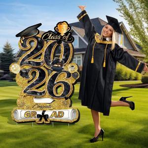 Silkfly Graduation Yard Sign with Stakes Extra Large 47.2 Inch DIY Name Graduation Decorations Class of 2026 Waterproof Foldable Congrats Grad Lawn Signs for School College(Irregular, Black Gold)