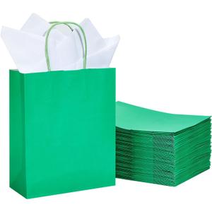 DjinnGlory 50 Pack Medium Size 10''x8''x4'' Green Paper Bags with Handles Bulk and 50 White Tissue Paper for Boutiques, Party Favors Treats Goodies, Christmas Gifts