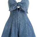 OYOANGLE Women's Vintage Bowknot Spaghetti Strap Denim Romper Sleeveless Wide Leg Jean Short Jumpsuits Light Wash Large