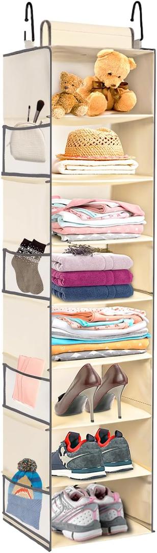 Large-Sized Hanging Shoe Organizer 8-Shelf, Hanging Closet Organizer with 8 Side Pockets, Wider Hanging Shelves for Storage Shoes Clothes 9" W 11.8" D 48" H, Beige.