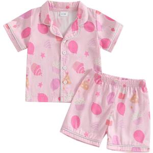 Biayxms Kids Baby Girl Birthday Silk Pajamas Set Cake Button Down Shirts Tops Shorts My Birthday Girls Satin Pj Sleep Sets (Pink), 4-5Y