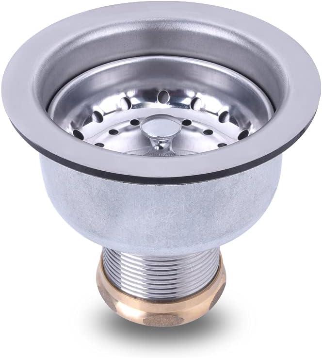 3-1/2 Deep Cup Kitchen Sink Drain Assembly, 304 Stainless Steel Construction With Fixed Post Basket and Long Extended Shank/CAS Approved