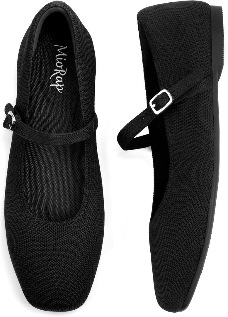 Square Toe Mary Jane Flats for Women Dressy Comfortable Knit Ballet Flat Adjustable Strap for Work, 10