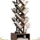 49" Rotating Tree Bookshelf, 7 Tier Double Sided Shelf, Wood Corner Bookshelf with Wheels, 360 Display Spinning Bookcase Storage Rack, Ideal for Small Rooms, Easy Assembly, Rustic Brown