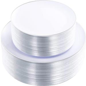 KIRE 100PCS Silver Plastic Plates - Heavy Duty White Disposable Plates with Silver Rim for Party/Wedding - Include 50Pcs 10.25inch Dinner Plates and 50Pcs 7.5inch Dessert Plates for Party/Father's Day