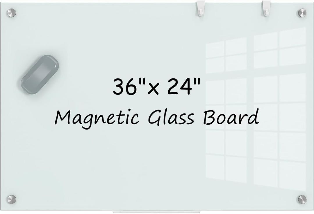 MaxGear Magnetic Glass Dry Erase White Board 36" x 24", Wall Mounted Glass Dry Erase Board, Large Frameless Whiteboard with 1 Eraser for Office, School, Home (36"W x 24"H)