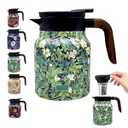 Vintage Floral Pattern Tea Pots  Built-in Infuser,Vintage Floral Teapot with Built In Infuser Stainless Steel Thermal Carafe with Lid for Hot Drinks,Green(Wooden handle,35oz)