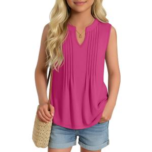 Ficerd Girl's Tank Tops V Neck Sleeveless Summer Shirts Kids Pleated Loose Blouse Dressy Casual Curved Hem Tees 5-14 Years