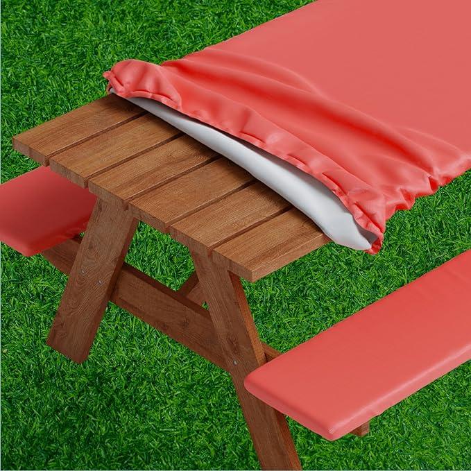 Sorfey Picnic Table Cover with Bench Covers -Fitted with Elastic, Vinyl with Flannel Back, Fits for Table 30"x 96" Rectangle, Water Proof, Solid Red Design