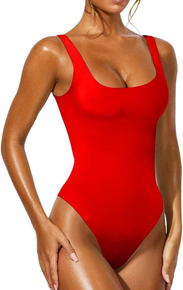 YFANG Women's Sexy Basic Bodysuit Sleeveless Double Lined Slim Fit Tank Tops (Medium, Red)