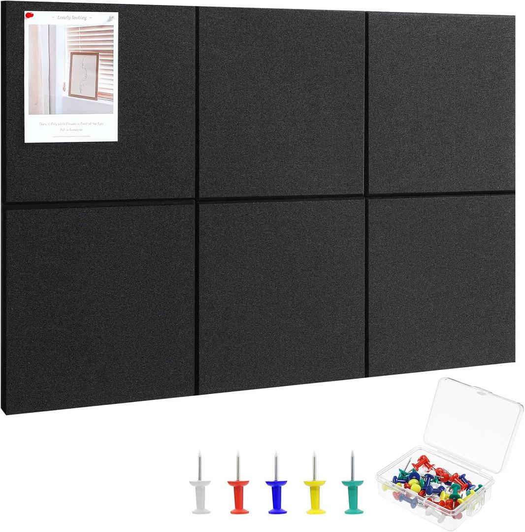 Large Cork Board 36" x 24", 6 Pack Felt Bulletin Board with 30 Pushpins, Cork Boards Alternative with Self-Adhesive Strips, Felt Wall Tiles Pin Boards for Walls Office Home School Decor-Black