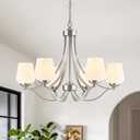 Brushed Nickel Farmhouse Chandelier Rustic Kitchen Island Lights with Milk White Frosted Glass Lampshade Height Adjustable 47.2" Ceiling Hanging Light Fixture for Dinging Room Living Room Over Table