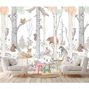 Kids Tree Wallpaper Mural Cute Animals Plants Birds Wallpaper for Nursery Boys Girls Bedroom Living Room (Not Self-Adhesive) (149" x 107")