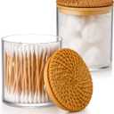 2 Pack Cotton Ball Holder Cotton Pad Holder with Rattan Lids Bathroom Container 10 oz Clear Plastic Apothecary Jar Containers Vanity Canisters Jars Accessories Set for Floss