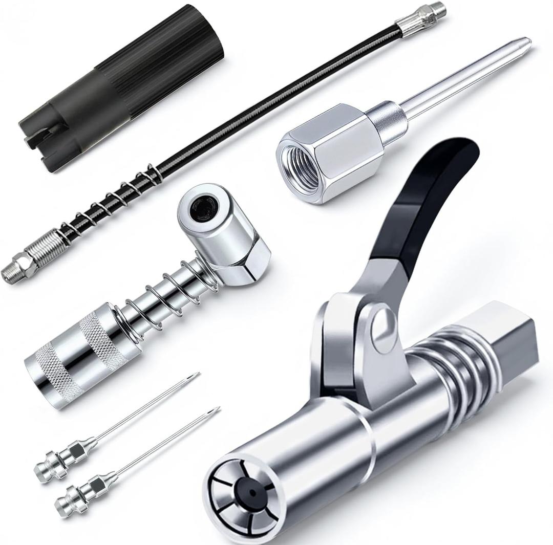 Grease Gun Accessory Kit,includes Grease Needle Dispenser, 2pcs Grease Needle Nozzles, 90 Degree Grease Coupler Adapter with Sleeves, Grease Gun Coupler, 12 Inch Grease-Gun-Hose, Zerk Fitting Cleaner