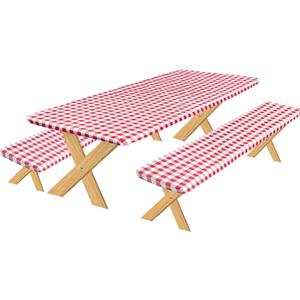 OutdoorLines Vinyl Fitted Picnic Table Cover with Bench Covers - Elastic Waterproof Camping Tablecloth for Picnic Table (Checkered Red 96x30 Inch, 3 Pcs)
