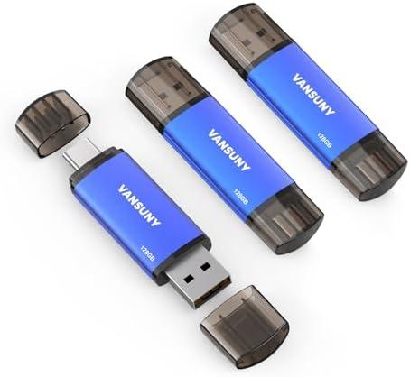 Vansuny 128GB 3 Pack USB Type-C Flash Drives 2-in-1 Dual Flash Drive USB A + USB C OTG Flash Drive for Android Smartphone Tablet Computer Laptop (Blue)