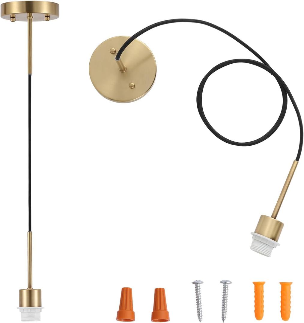 Pendant Light Kit Adjustable Hanging Light, E26 Vintage Lamp Socket DIY Pendant Light Cord, Semi Ceiling Pendant Lighting for Kitchen Island, Dining Room, Bedroom, Gold