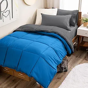 Bare Home Reversible Bed-in-A-Bag Comforter & Sheet Set - Twin Extra Long - Down Alternative - Soft - Bedding Set (Twin XL, Medium Blue/Grey, Medium Blue