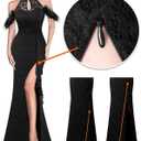 VFSHOW Womens Formal Prom Beaded Halter Neck Keyhole Maxi Dress Feather Cold Shoulder Ruffle High Slit Evening Gown (Black, XXXL)