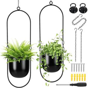Fumete 2 Set Black Hanging Planters with Chains Metal Plant Hanger Wall Mounted Iron Flower Pot Holder for Indoor Outdoor Plants, Planting Ivy and Fern for Window Porch Balcony and Home Decor