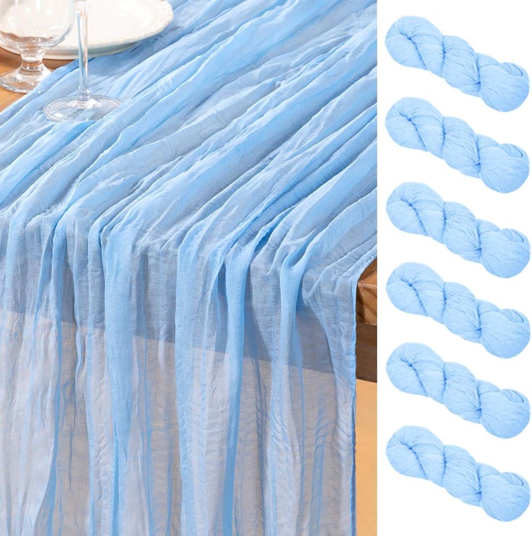 DeZerlor Baby Blue Cheesecloth Table Runner 6 Pack Spring Easter Table Runners Boho Gauze 120 Inches Light Blue Table Decor for Wedding Bridal Baby Shower Parties