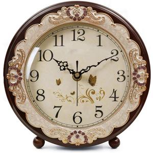 Justup Vintage Table Clock, Retro Non-Ticking European Style Beside Desk Clock Battery Operated Silent Quartz Movement for Bedroom Living Room Indoor Decor (Brown)
