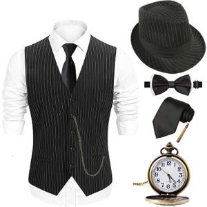 EFORLED Halloween 1920s Mens Costume 2025,Gatsby Gangster Vest,Vintage Pocket Watch,Pre Tied Bow Tie,Tie (Black, L)