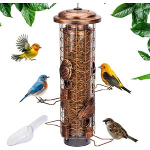 Squirrel-Proof Bird Feeders for Outdoors Feeds Mealworms and Seeds - Large 3-Pound Capacity, Weather-Resistant Hanging Tube for Birds Includes Seed Scoop, 4 Hook-Shaped Perches, Anti-Squirrel Weights