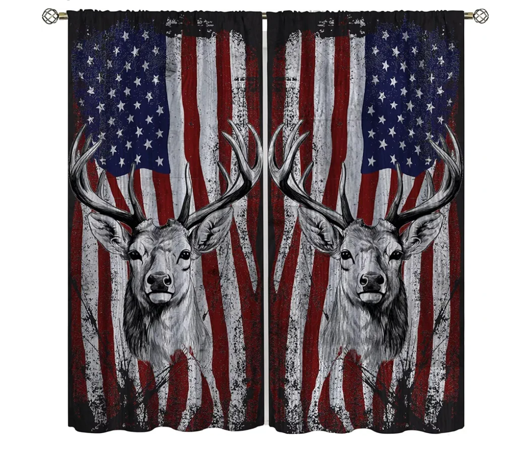 Deer American Flag Curtains, Thermal Insulated Printed Curtain Camouflage Rustic Patriotic Deer Big Antler Old Forest Retro Window Drapes for Bedroom Living Room 42" W X 54" L