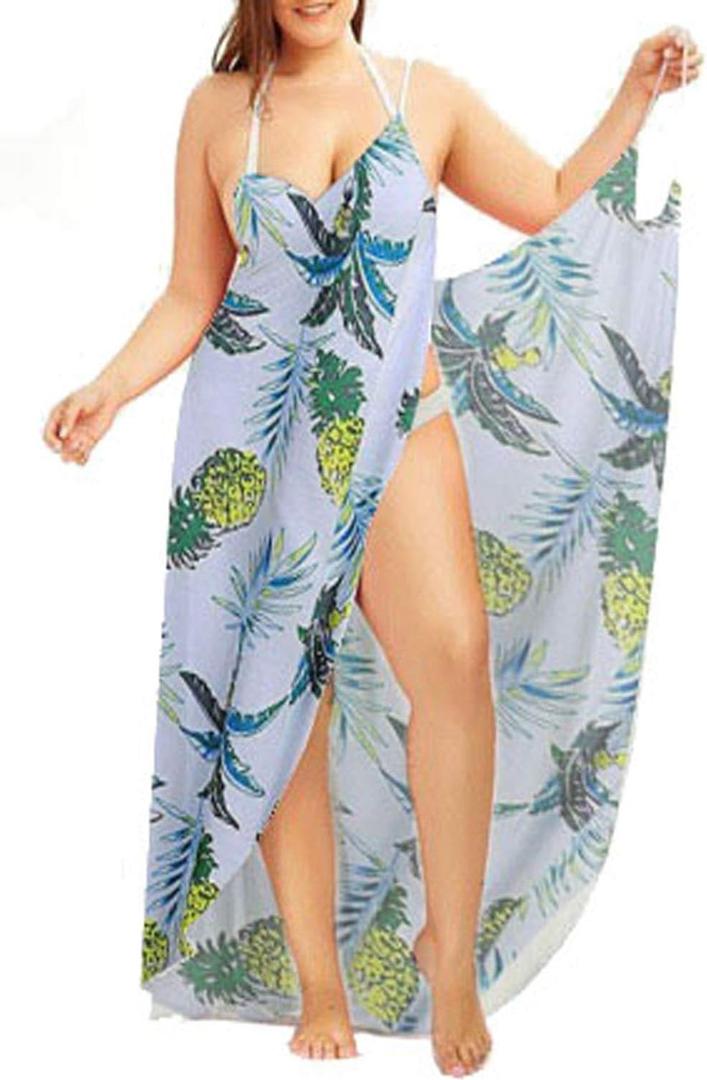 Fadalo Plus Size Spaghetti Strap Cover Up Beach Backless Wrap Long Dress L, (Printed-4)