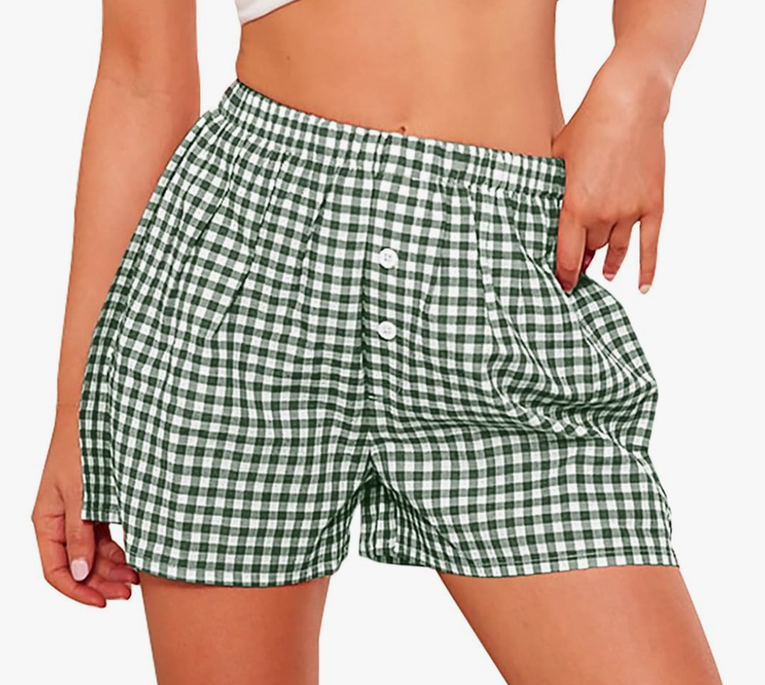 PRETTYGARDEN Womens Shorts Boxers 2025 Summer Gingham Pajama Lounge Sleep Y2K Plaid Pj Shorts Beach Bottoms, Size L