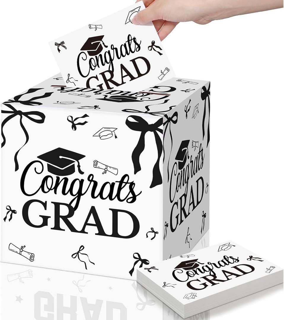 AmazingSpark Graduation Card Box Black Bow Congrats Grad Card Holder Boxes with 60PCS Advice Wishes Cards Grad Party Decorations Class of 2026 High School College Centerpiece Ceremony