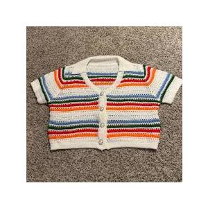 Womens Crochet Knit Cropped Sweater Short Sleeve Polo Collar Jumper Button Up Striped Sweater, M