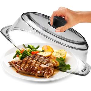 Leraze Tall Glass Microwave Splatter Cover for Food - Cookware & Bakeware Serving Dish Cover, Plate Guard Lid with Easy Grip Silicone Handle Knob - 100% Food Grade BPA Free & Dishwasher Safe - 10in