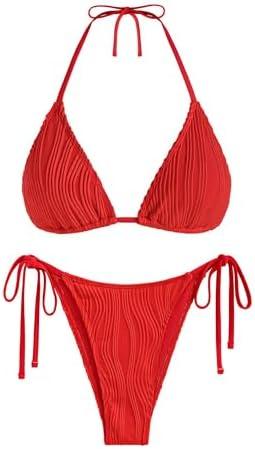 ZAFUL Triangle Bikini for Women 2 Piece Halter Bikini Sets Sexy High Cut Bathing Suit Side Tie Wave Textured Swimsuits Size S
