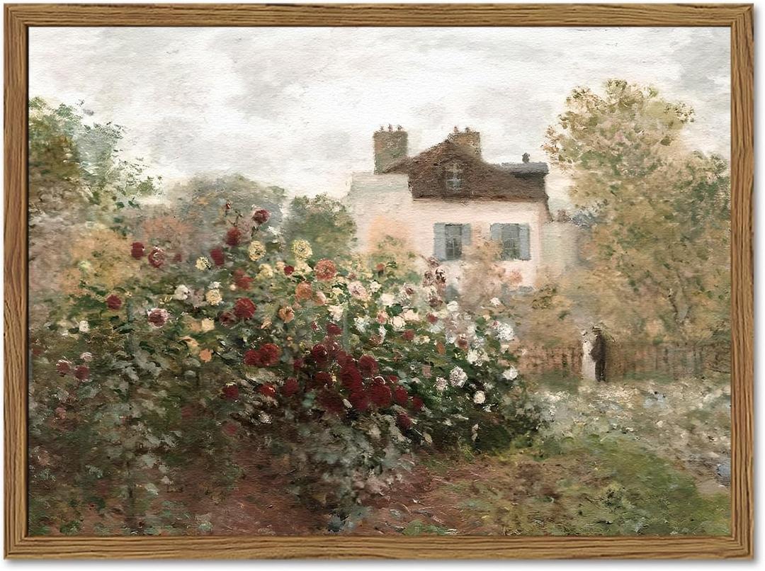Vintage Cottage Wall Art French Farmhouse Wall Decor Painting Botanical Flower House Landscape 3D Textured Hand Drawn Sandstone Artwork for Bedroom Living Room 16x24 inch Wood Framed