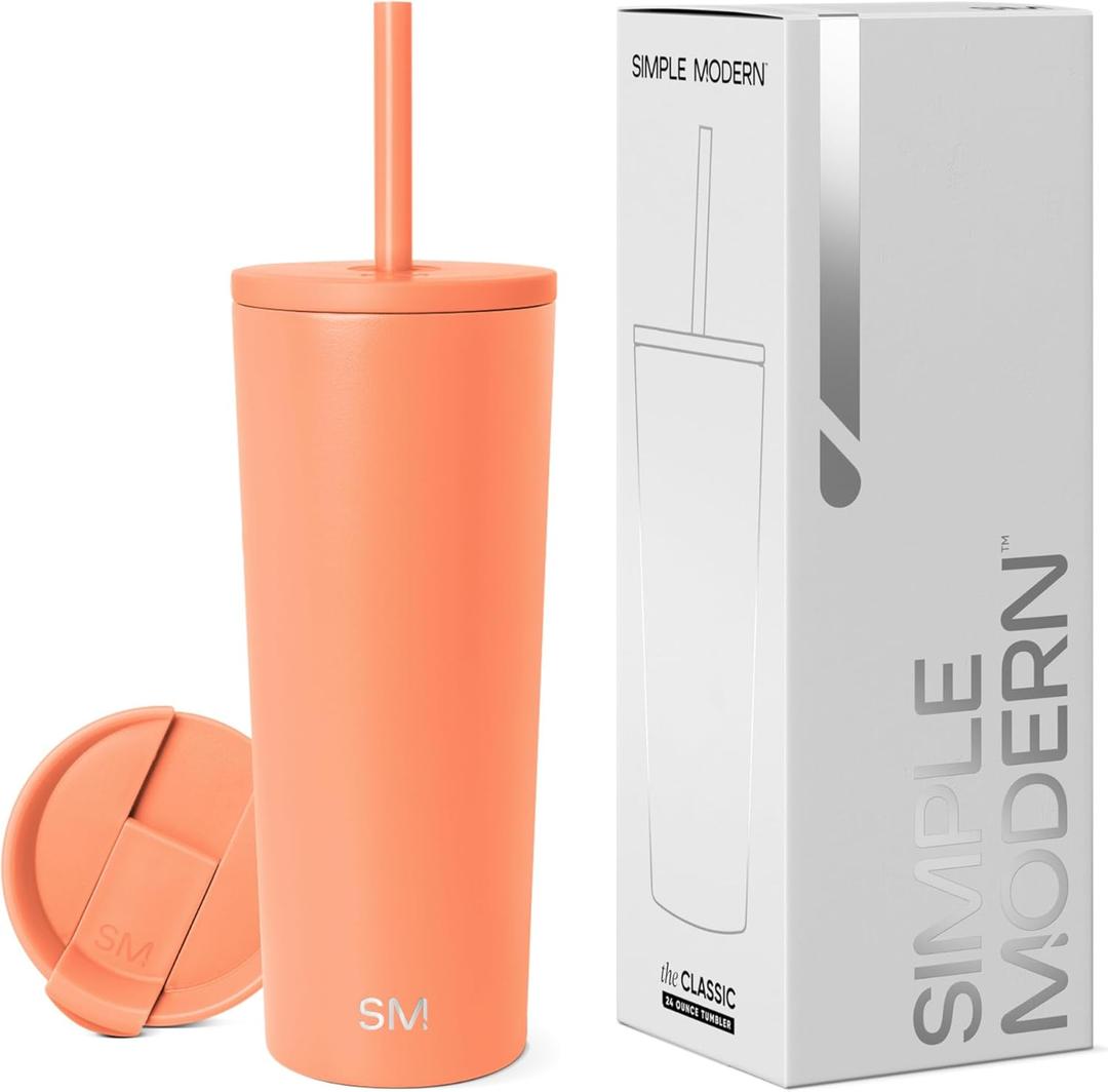 Simple Modern Insulated Tumbler with Lid and Straw | Iced Coffee Cup Reusable Stainless Steel Water Bottle Travel Mug | Gifts for Women Men Her Him | Classic Collection | 24oz | Clementine 