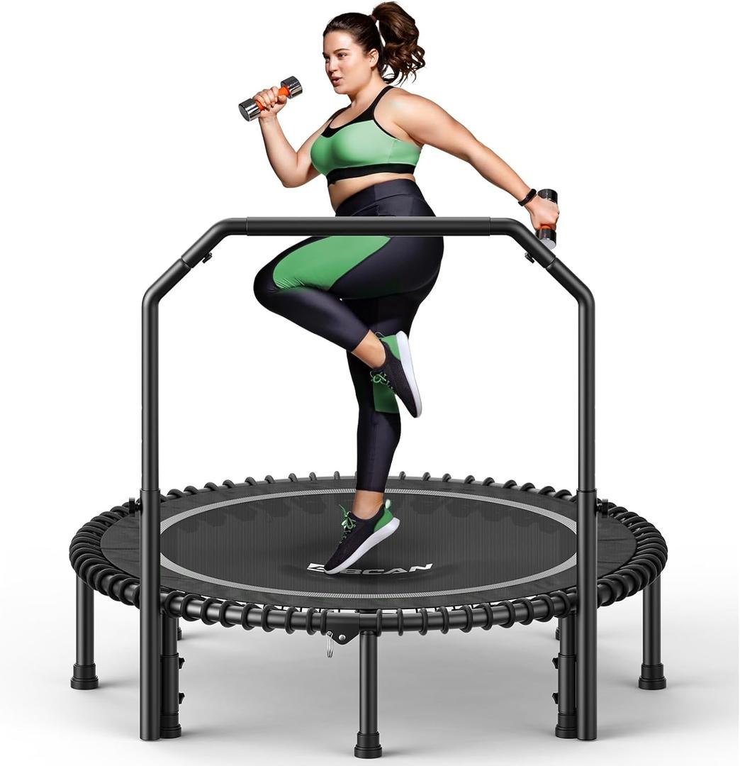BCAN 450/550LBS Mini Rebounder Trampoline for Adults with Bar, Fitness Trampoline with Bungees, Adjustable Handle, Stable & Quiet, Indoor Outdoor, Whole-Body Workout & Relaxation at Home-40IN/48IN