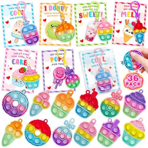 Jumlys Valentines Day Cards for Kids School, 34 Pack Dessert Pop Fidget Keychains Bulk, Valentine Day Party Favors for Boys Girls, Ideal Exchange Cards for Classroom