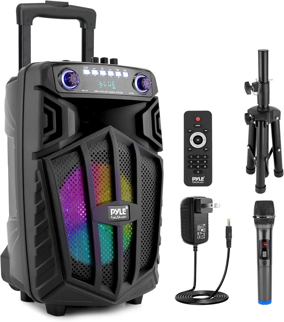 Pyle 680W Portable Bluetooth PA Speaker - 10" Rechargeable Outdoor Karaoke Speaker, Audio System w/Wireless Mic and Wheels, TWS, Lights, LED Display, 6.5mm Mic Input, FM/AUX/MP3/USB/SD