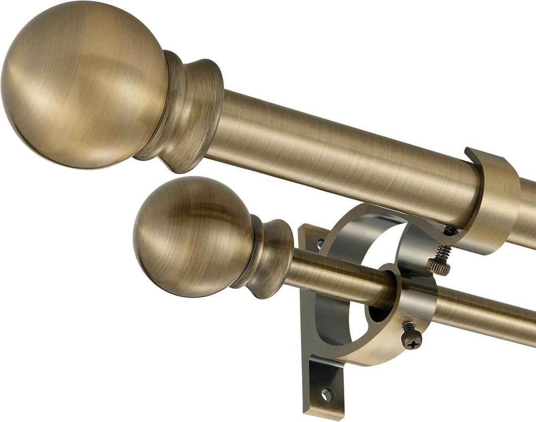 Antique Bronze Double Curtain Rods 36-72 Inch,1Front and 5/8Back Double Drapery Rod with Small Round Ball and Aluminum Brackets, Adjustable Dual Window Rod for Sheer/Blackout Curtains