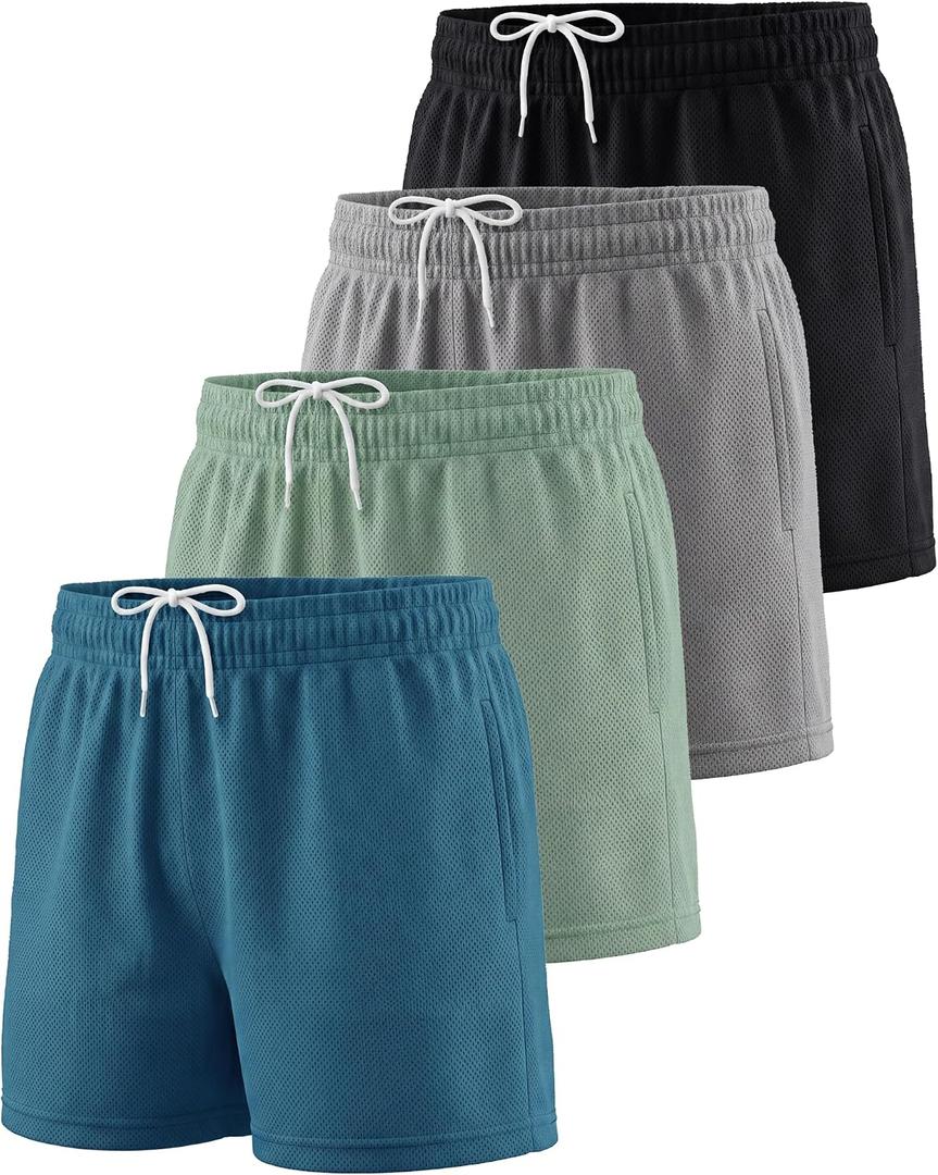 Real Essentials 4 Pack: Girl's Mesh Athletic Running Shorts with Pockets Teens Kids Youth Performance Gym Basketball (M)